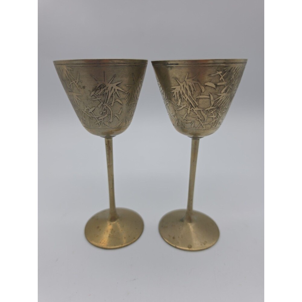 Vintage Matching Pair Solid Brass Etched Chalice Cordials